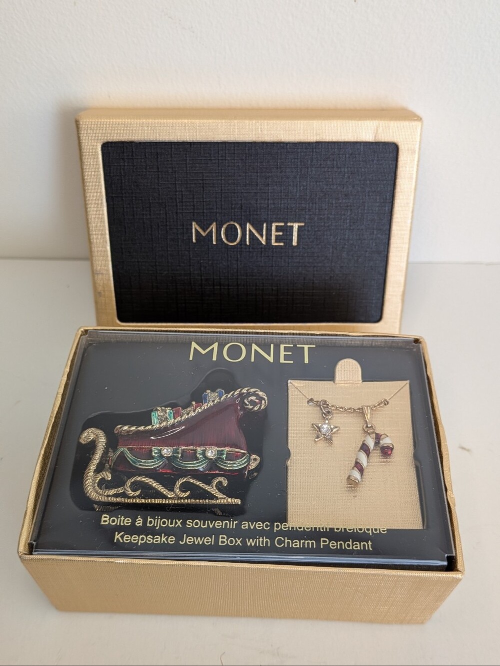 MONET Santa's Sleigh Keepsake Jewel Box Candy Cane Charm Pendant Necklace Set